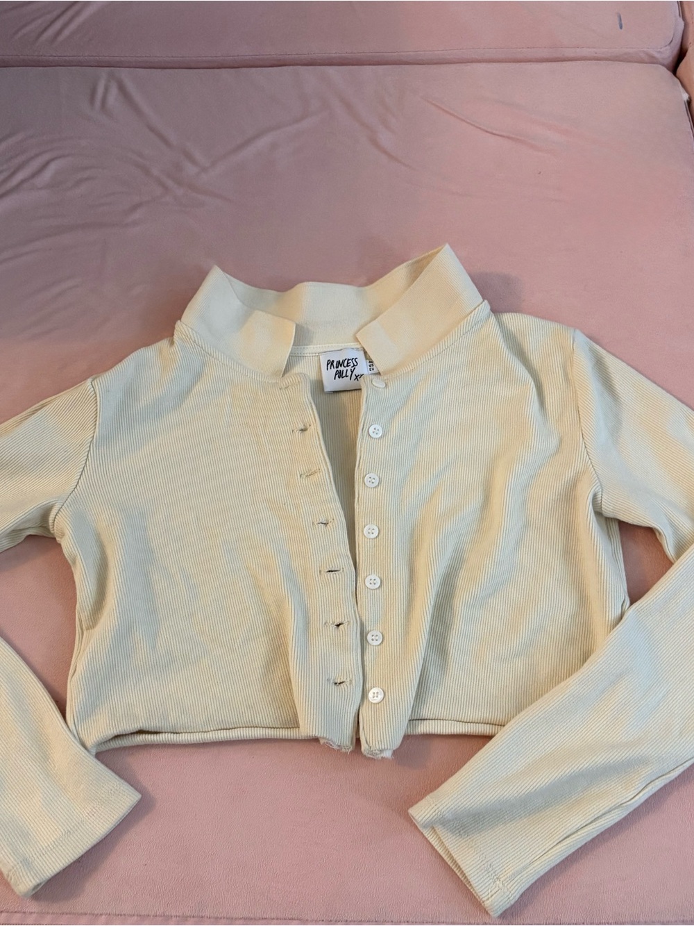Princess Polly Small Cream Ribbed Button-Up Crop Sweater